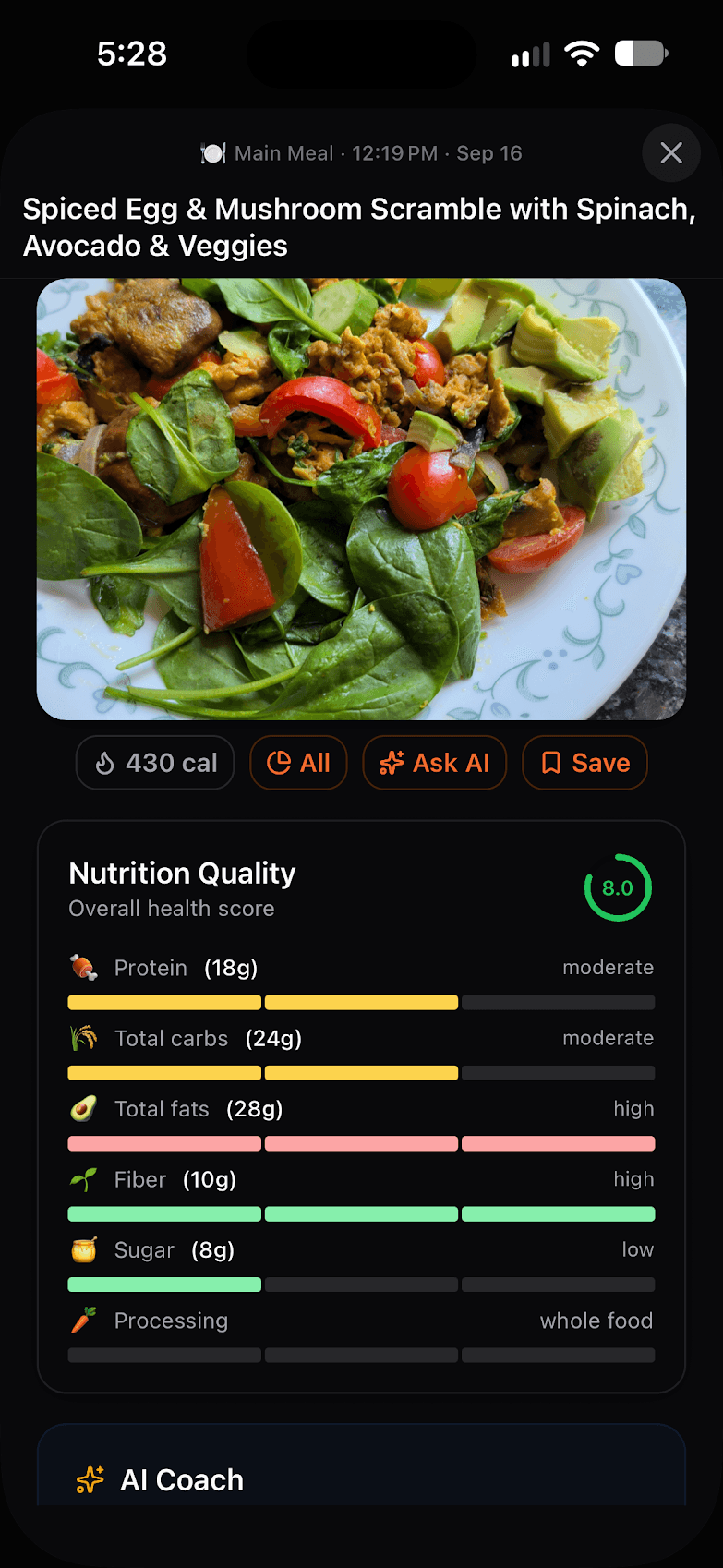 Food analysis with nutrition quality score and macro breakdown
