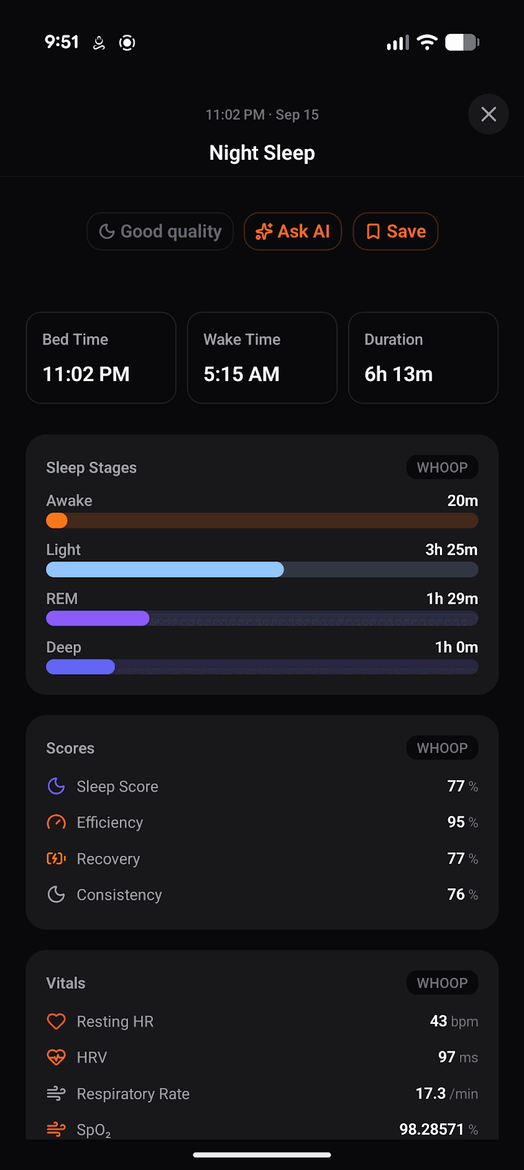 Sleep tracking with sleep stages, scores, and vitals